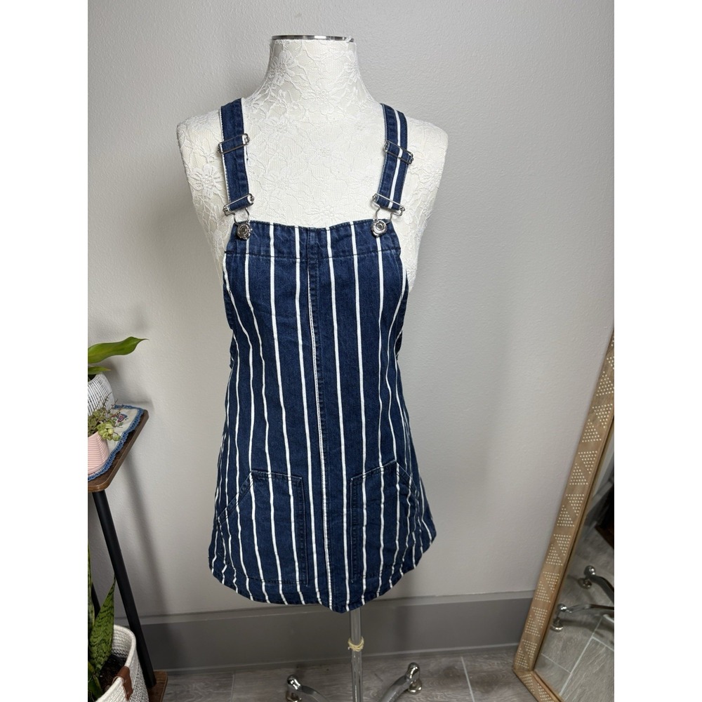 Stradivarius Womens 4 Blue Pinstripe Overall Dress Pinafore Coastal Preppy - Picture 1 of 14